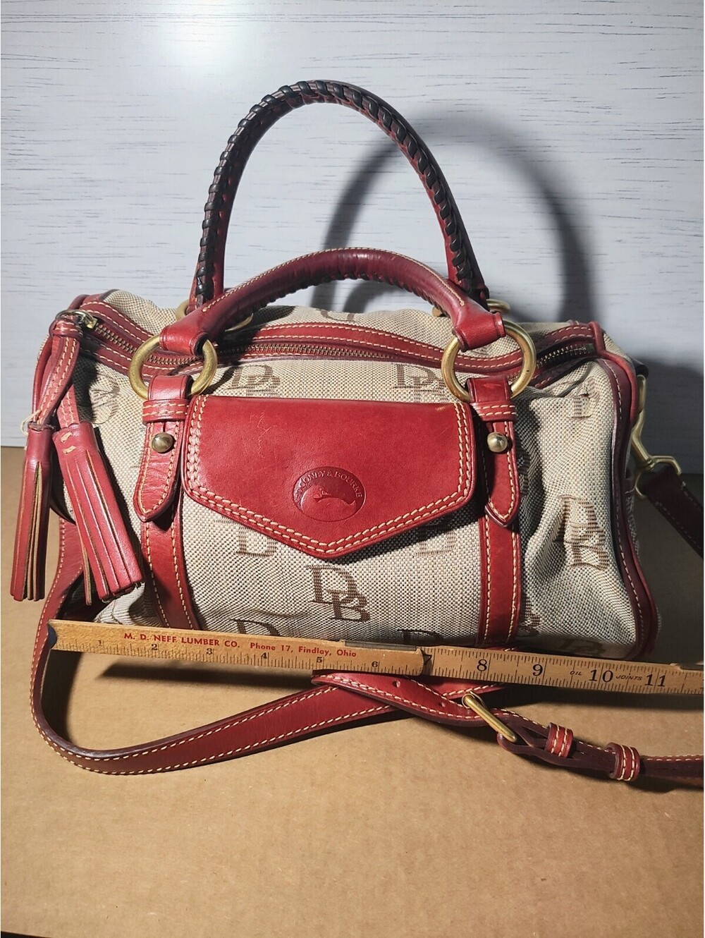 Dooney Bourke Florentine Leather Jacquard Monogram Barrel Pocket Satchel Red 13”